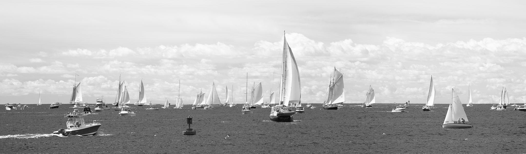 Infrared Panoramic Photo of Sailboots in Gloucester Harbor During the Schooner Festival, 2019.